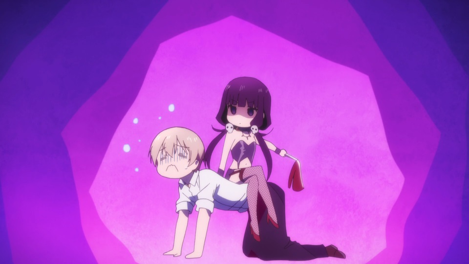 Maika sitting on the manager's back, as he hunches on the floor.