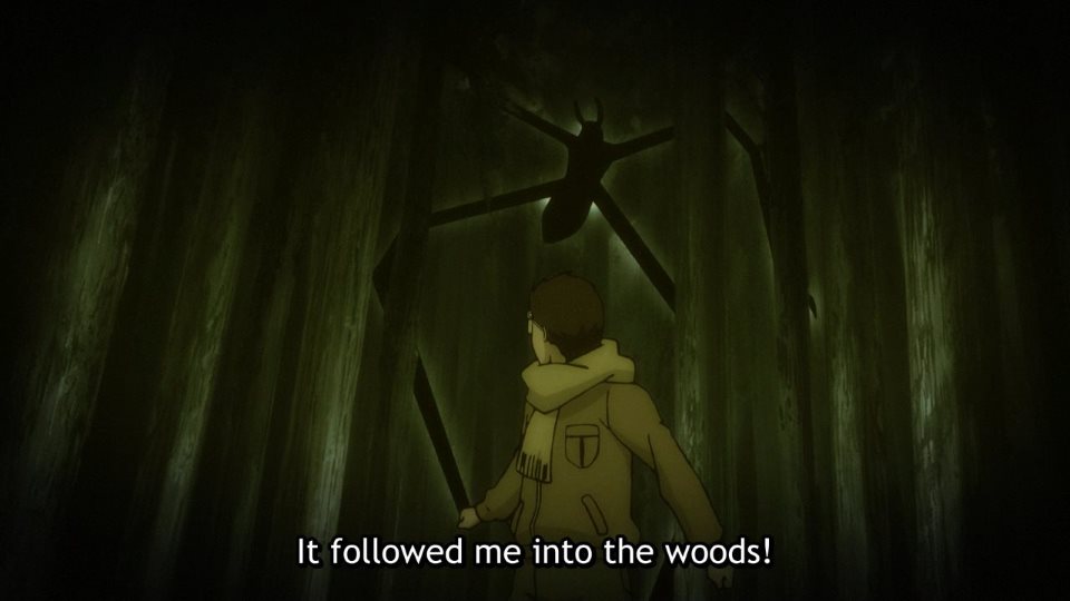Boy is hunted through the woods by a hideous long-limbed creature.