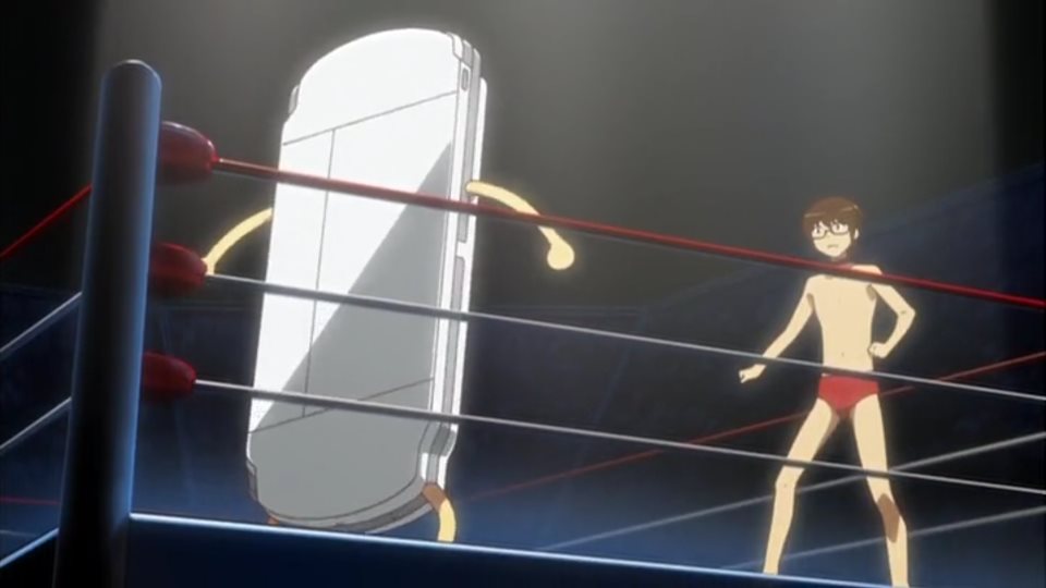 Boy attempting to knock out a PSP in a boxing ring.